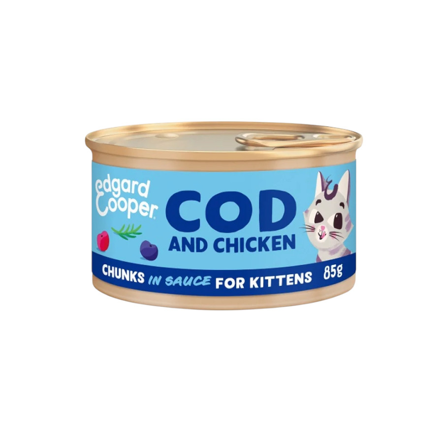 0.085 KG Edgard & Cooper Kitten Pedaços de Bacalhau e Frango com molho em lata para gatinhos