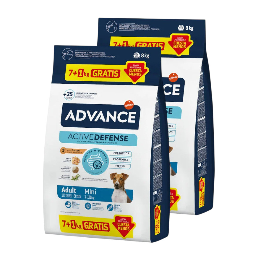 16 kg (14 + 2 kg grátis!) Advance Active Defense Mini Adult Frango e Arroz ração para cães Pack poupança!