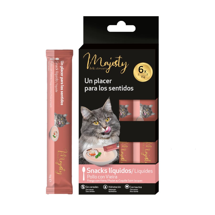 36 saquetas x 15 g Majesty Snack líquido Chicken and Scallop para gatos Pack Poupança!