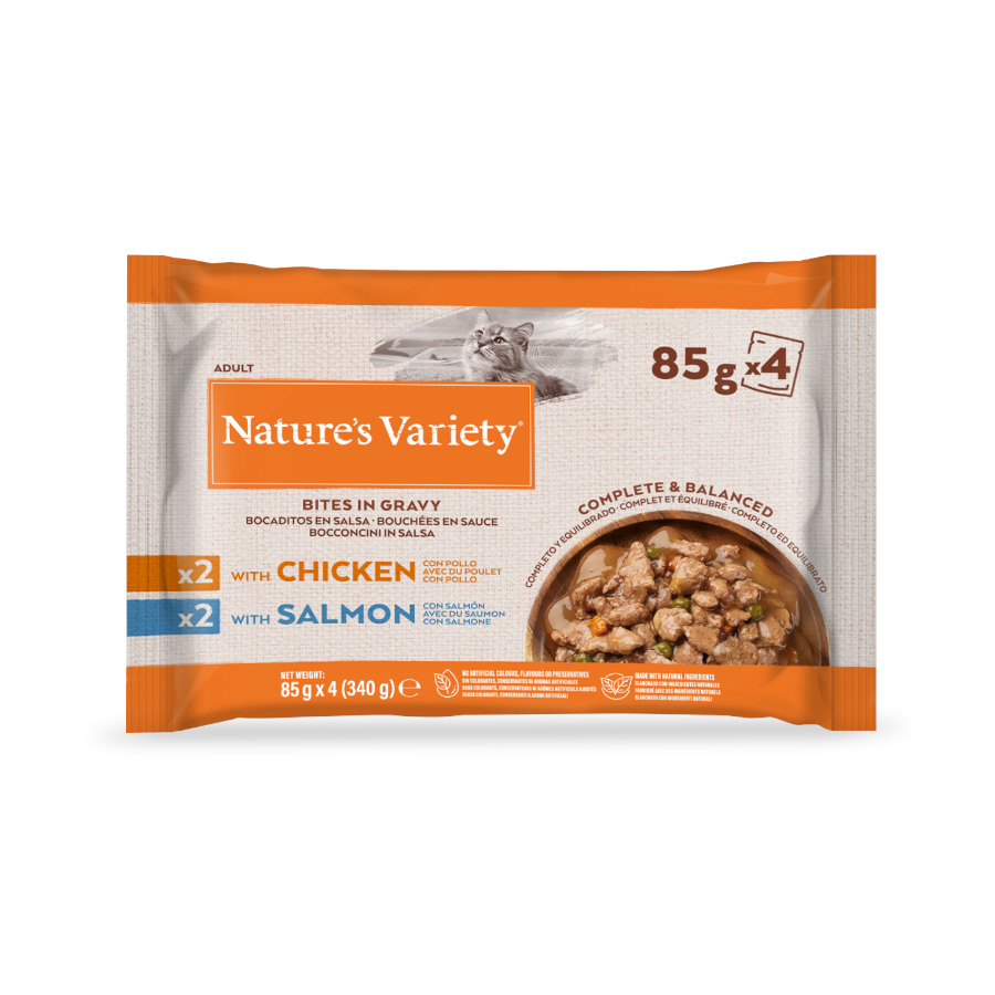 4 saquetas x 85 g Nature's Variety Adult Frango e Salmão Saquetas em Molho para gatos