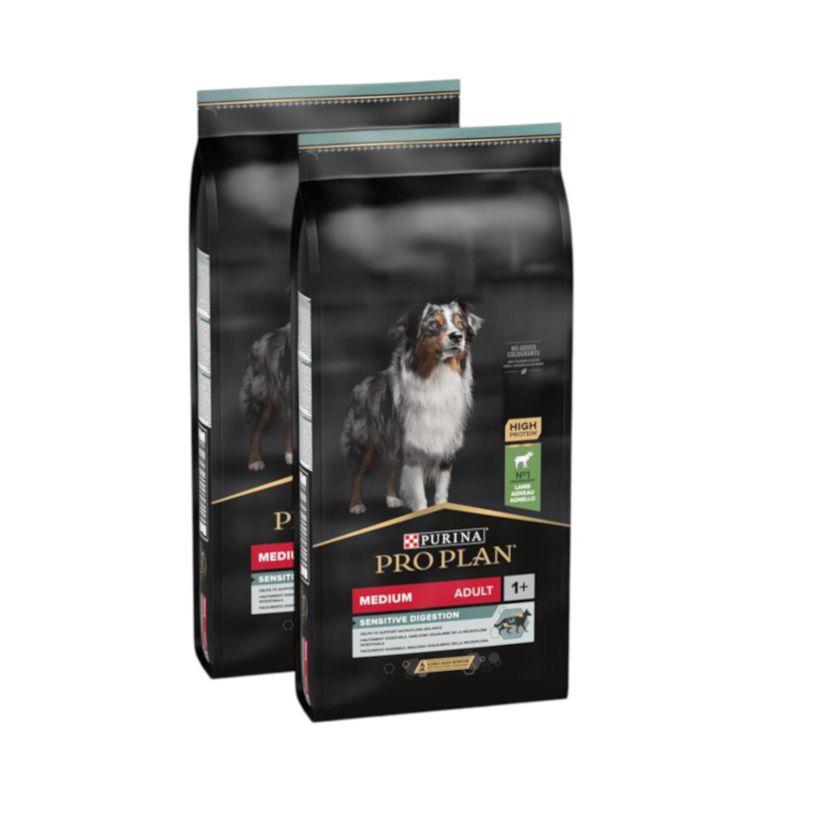 2 x 14 kg Pro Plan Adult Medium Digestão Cordeiro ração para cães Pack poupança!