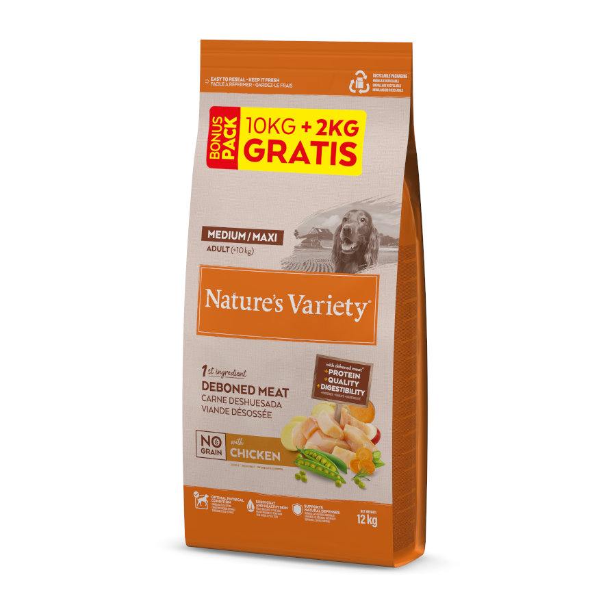 2 x 12 kg (10 + 2 kg grátis!) Nature's Variety No Grain Adult Medium Maxi Frango ração para cães Pack poupança!