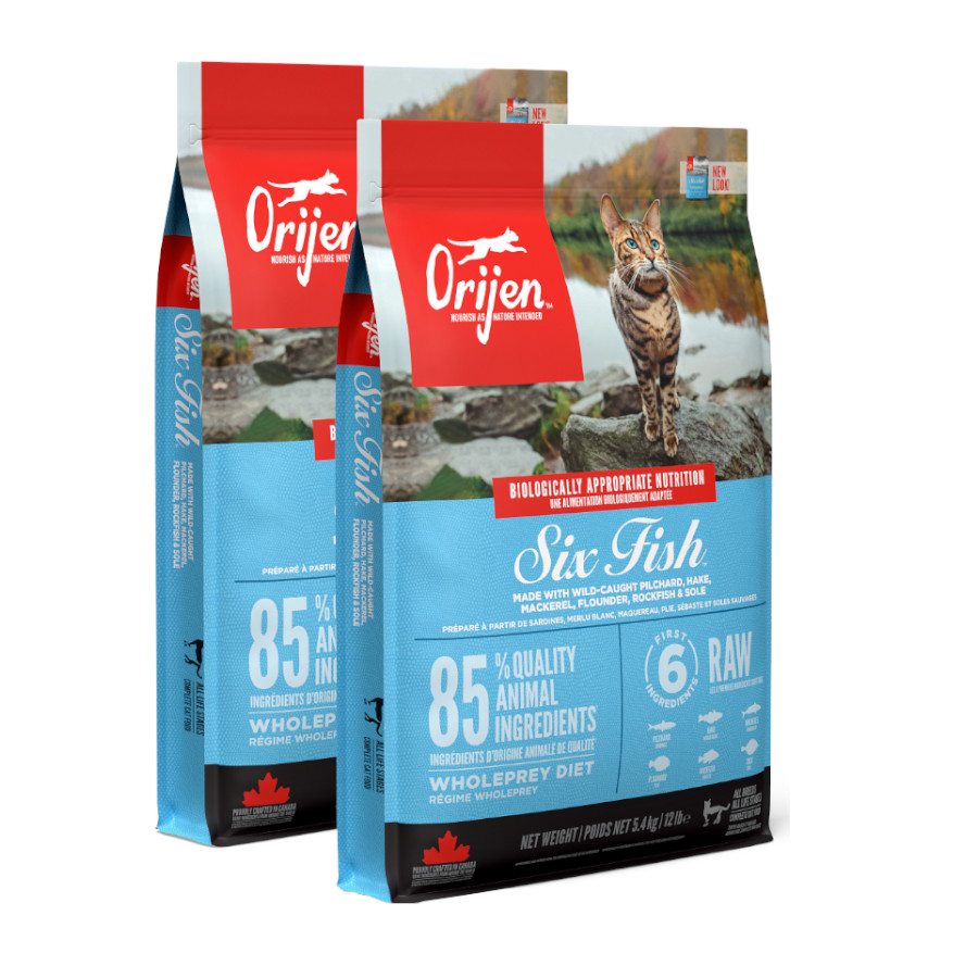 2 x 5.4 kg Orijen Six Fish ração para gatos Pack poupança!