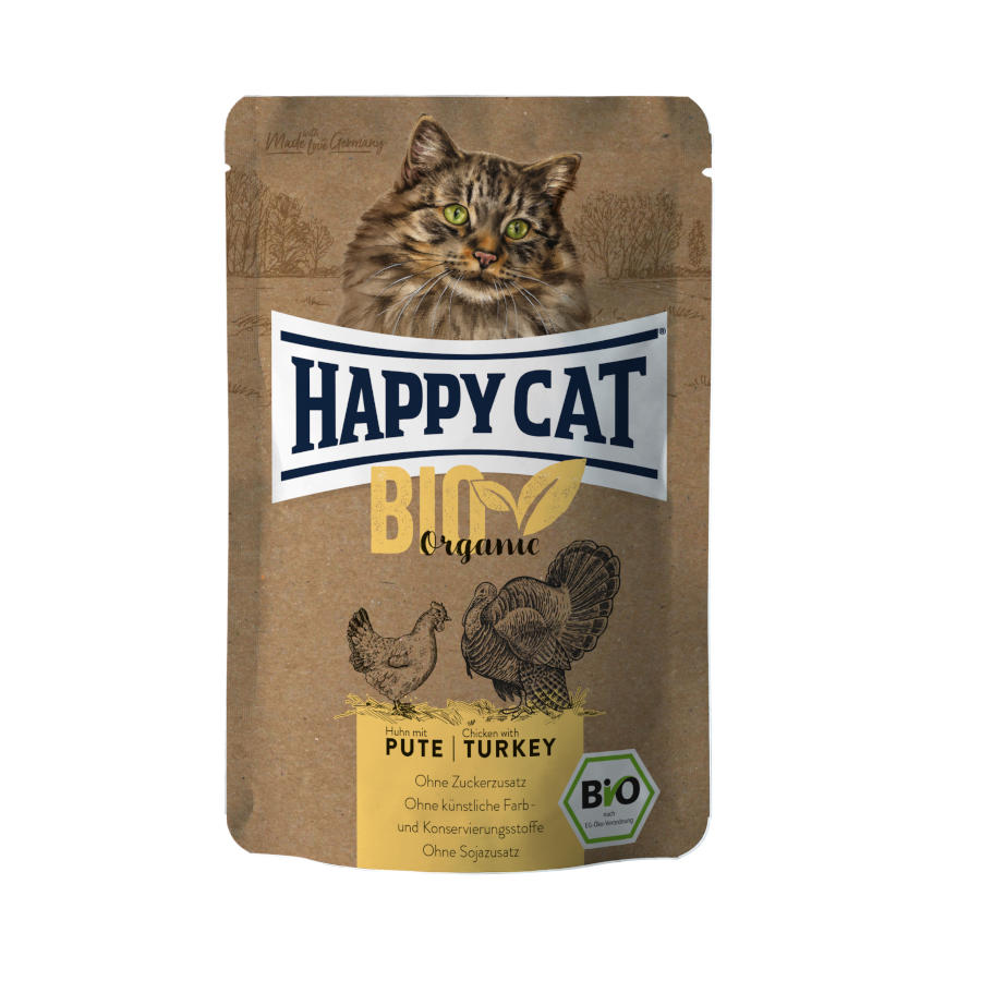 85 g Happy Cat Bio Saqueta com frango e peru com molho para gatos