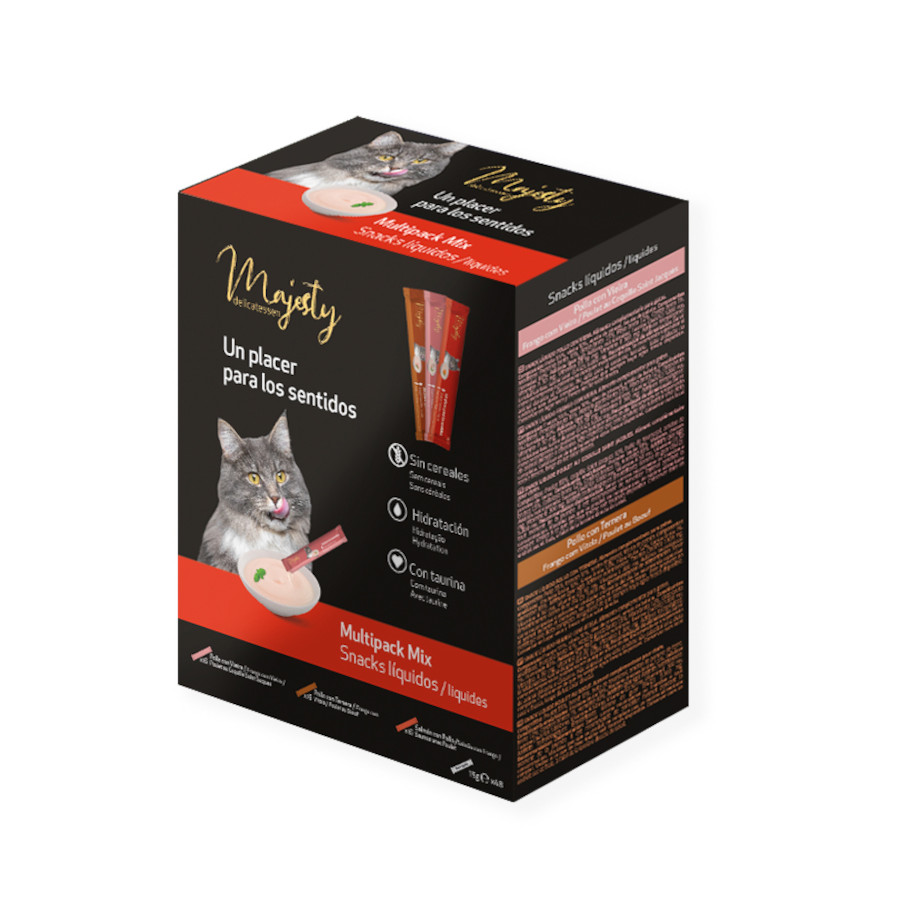 0.72 KG 48 saquetas x 15 g Majesty Mix de snack líquido para gatos