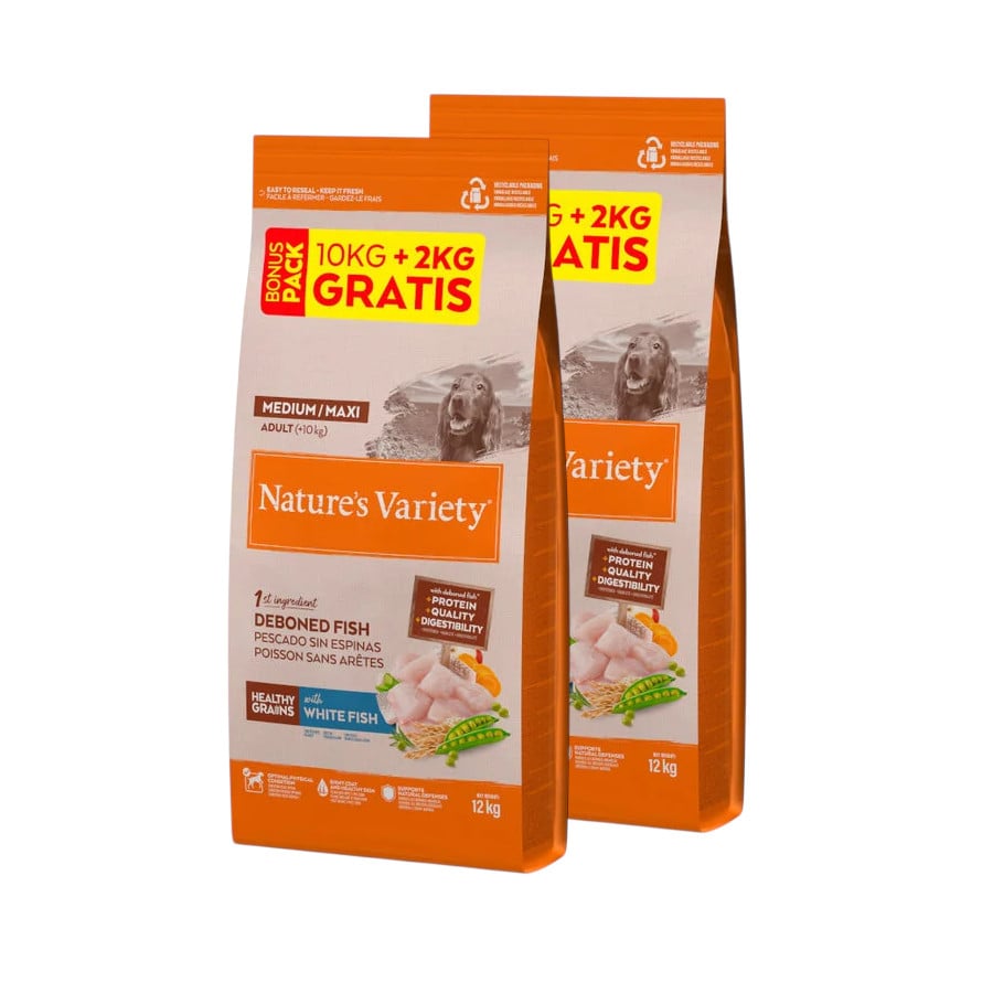 24 kg (20 + 4 kg grátis!) Nature’s Variety Healthy Grains Adult Medium Maxi Peixe Branco ração para cães Pack poupança!