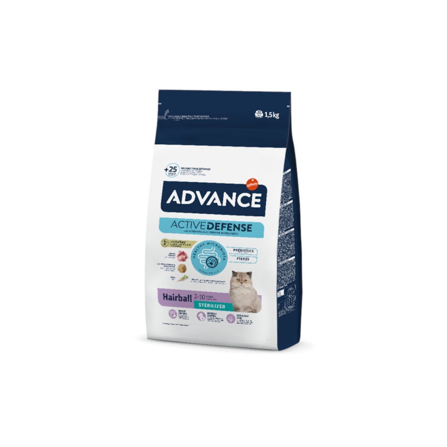 1.5 kg Advance Active Defense Sterilized Hairball Peru e Cevada ração para gatos