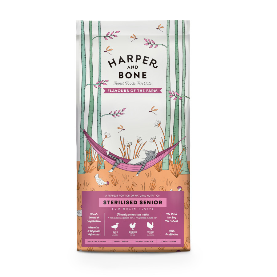 2 KG 2 kg Harper & Bone Flavours Farm Ração de frango e peru para gatos esterilizados séniores
