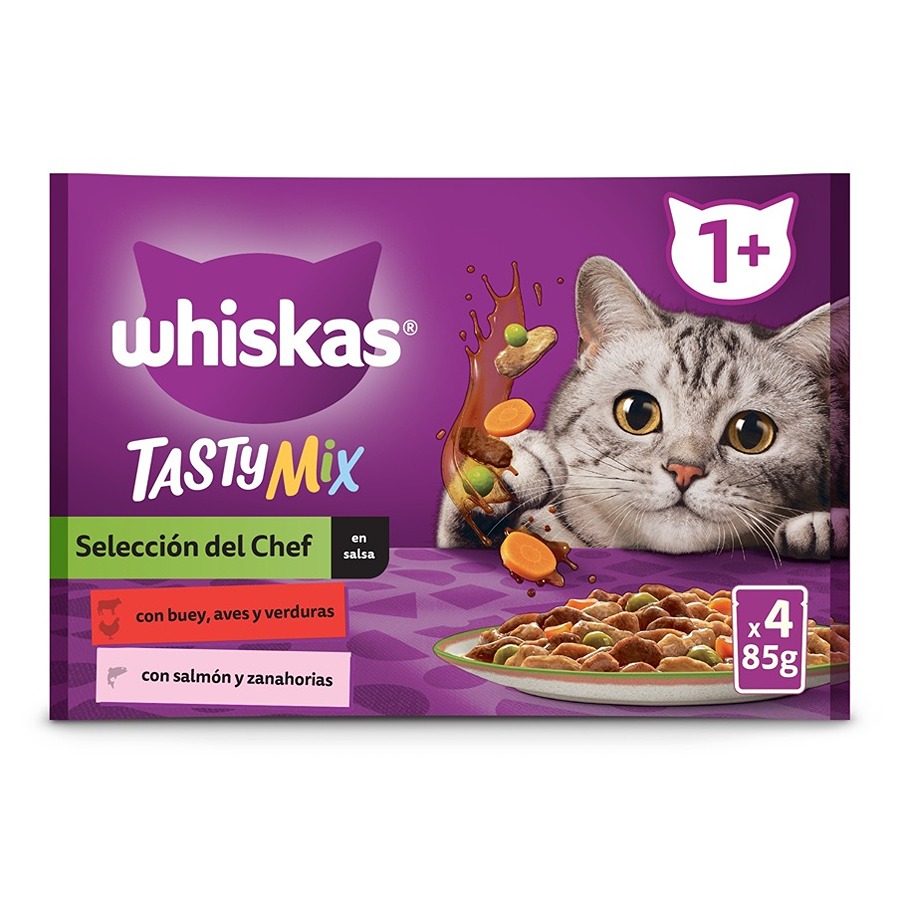 4 saquetas x 85 g Whiskas Tasty Mix Seleção do Chefe Molho em Saqueta para gatos adultos