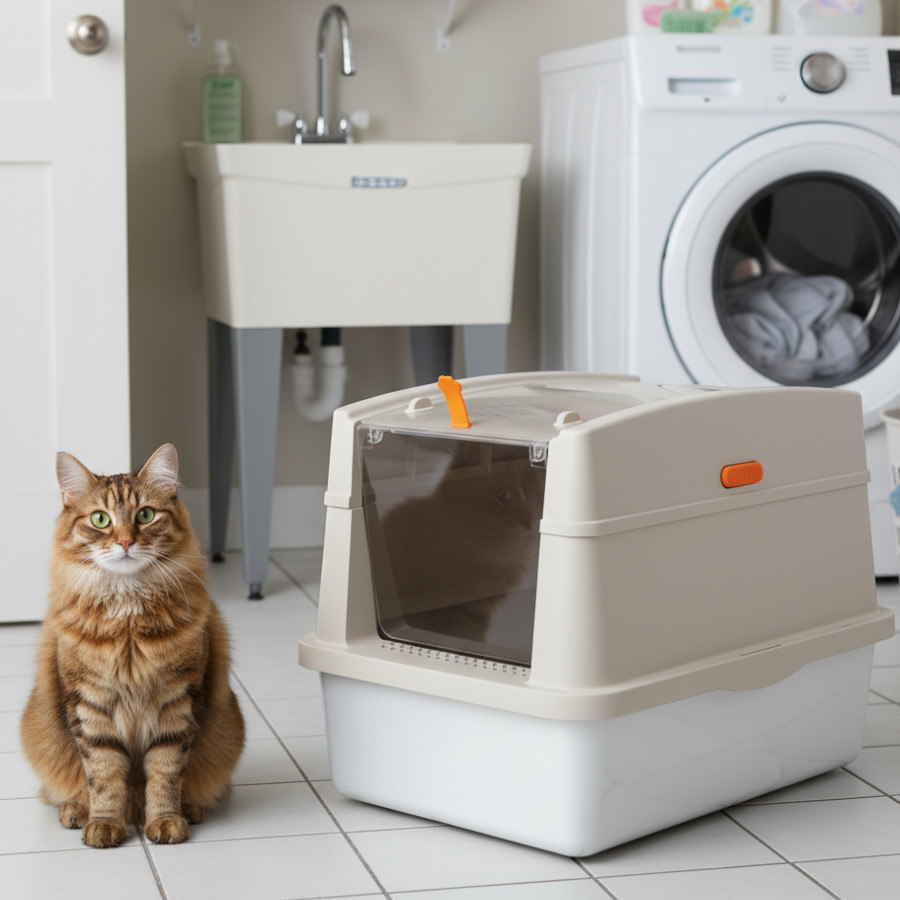 All For Paws Go Fresh Caixa de areia com tampa em aço inoxidável em cor areia para gatos