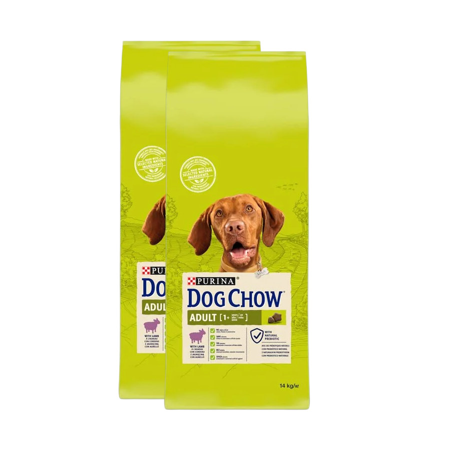 2 x 14 kg Dog Chow Adult borrego ração para cães Pack poupança!