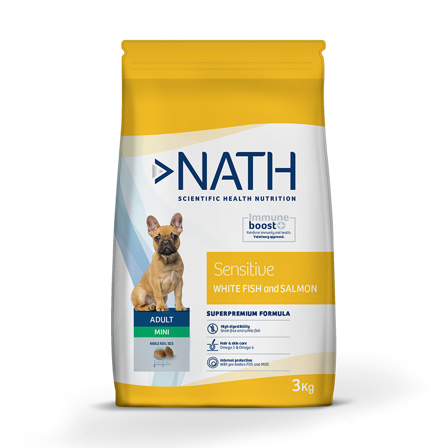 3 KG Nath Adult Mini Sensitive Peixe Branco e Salmão ração para cães