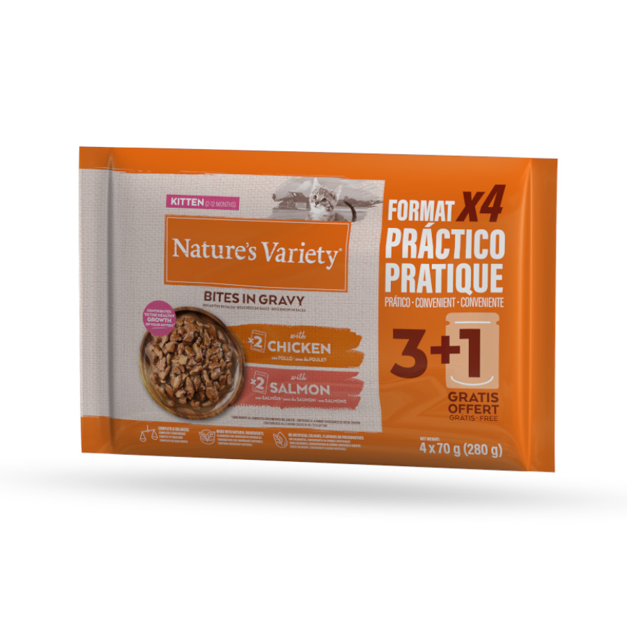 0.28 KG 4 sobres x 70 g Nature’s Variety Kitten Bocaditos de Pollo y Salmón Sobre en Salsa para gatos