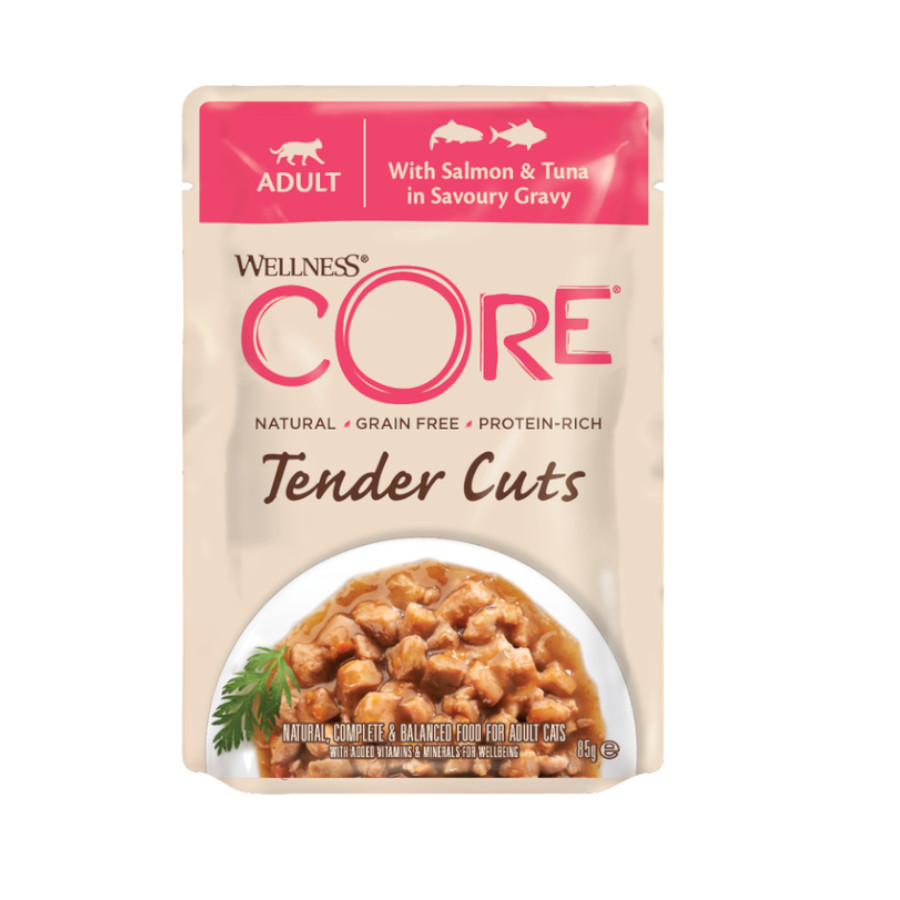 12 saquetas x 85 g Wellness Core Tender Cuts salmão e atum em molho saquetas para gatos Pack poupança!