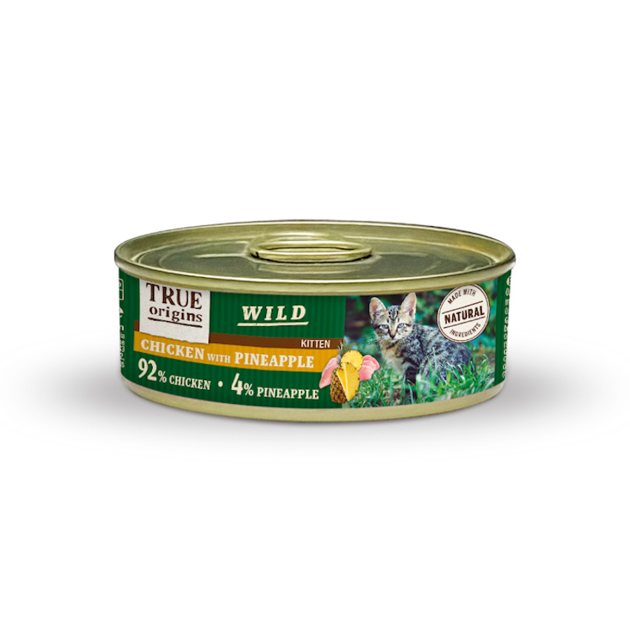 12 latas x 85 g True Origins Wild Kitten Frango e Abacaxi lata para gatos Pack poupança!