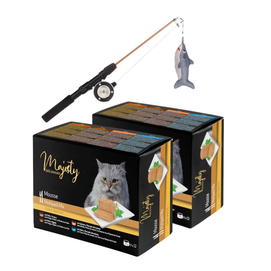 Brinquedo de vara de pesca Flamingo + 24 latas x 85g Majesty Adult Mousse Mix para gatos Pack poupança!