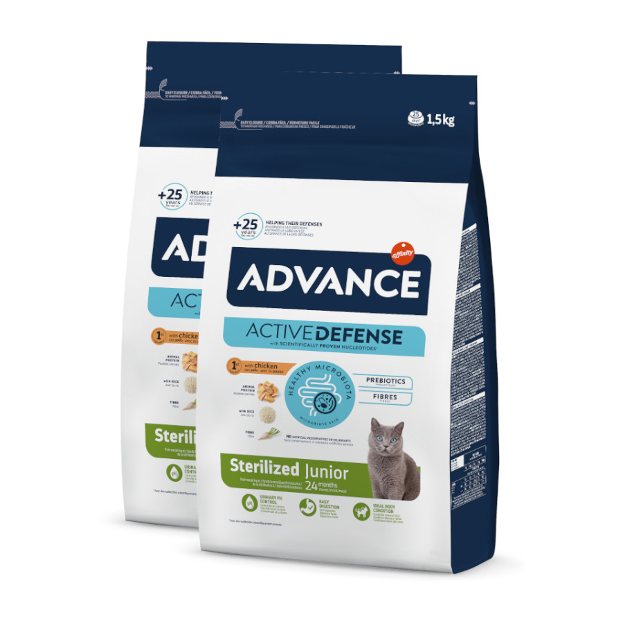2 x 1.5 kg Advance Active Defense Young Sterilized Frango ração para gatos Pack poupança!