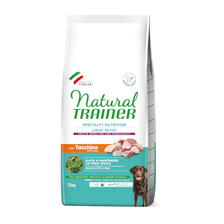 12 kg Natural Trainer Adult Light in Fat Medium & Maxi Ração de peru para cães