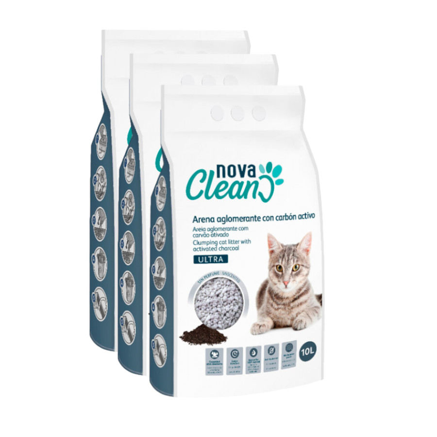 3 x 10 L Nova Clean Ultra Areia Aglomerante com Carvão Ativado para gatos Pack poupança!
