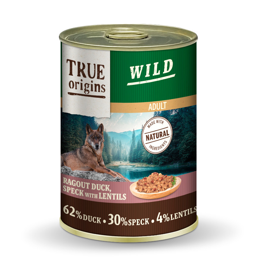 12 latas x 400 g True Origins Wild Adult Cubos de Pato com Speck e Lentilhas em lata para cães Pack poupança!