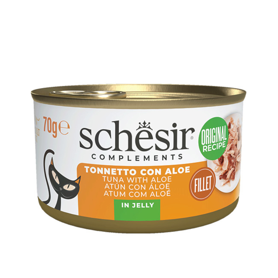 12 latas x 70 g Schesir Filetes de Atún con Aloe en Gelatina lata para gatos Pack Poupança!