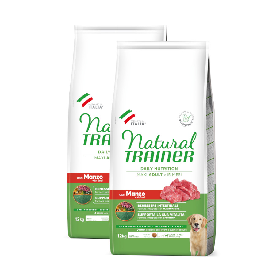 2 x 12 kg Natural Trainer Adult Maxi Terneira ração para cães  Pack poupança!