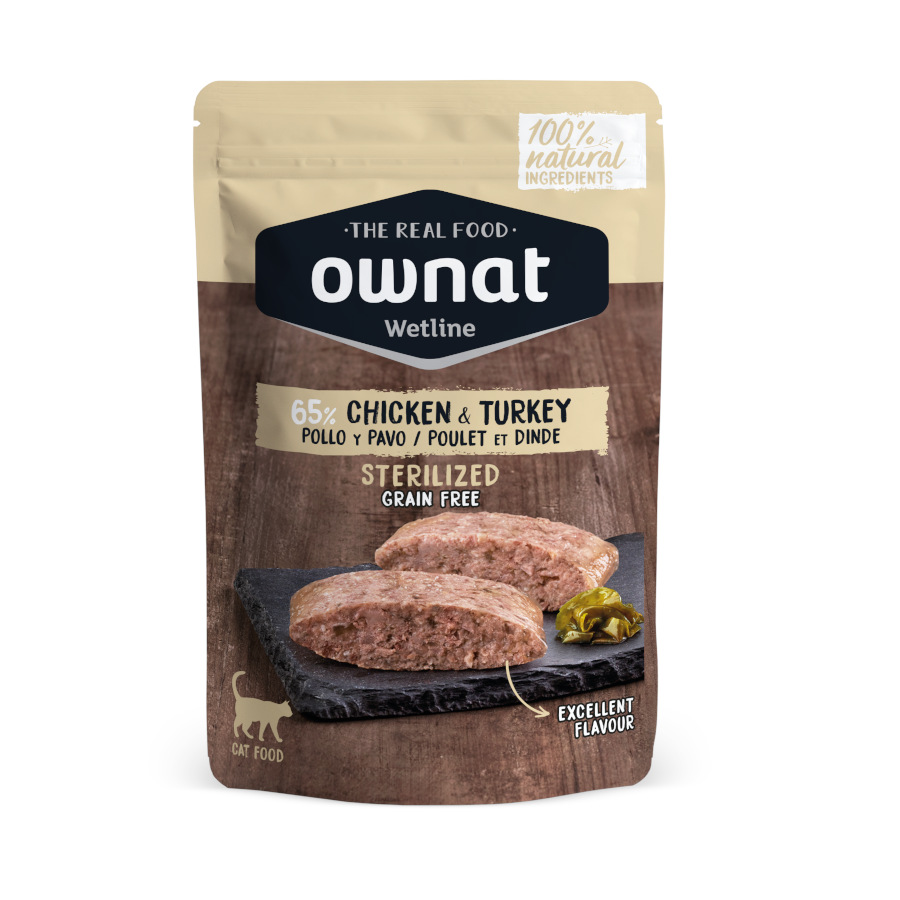 0.085 KG Ownat Wetline Esterilizado Frango e Peru saquetas para gatos