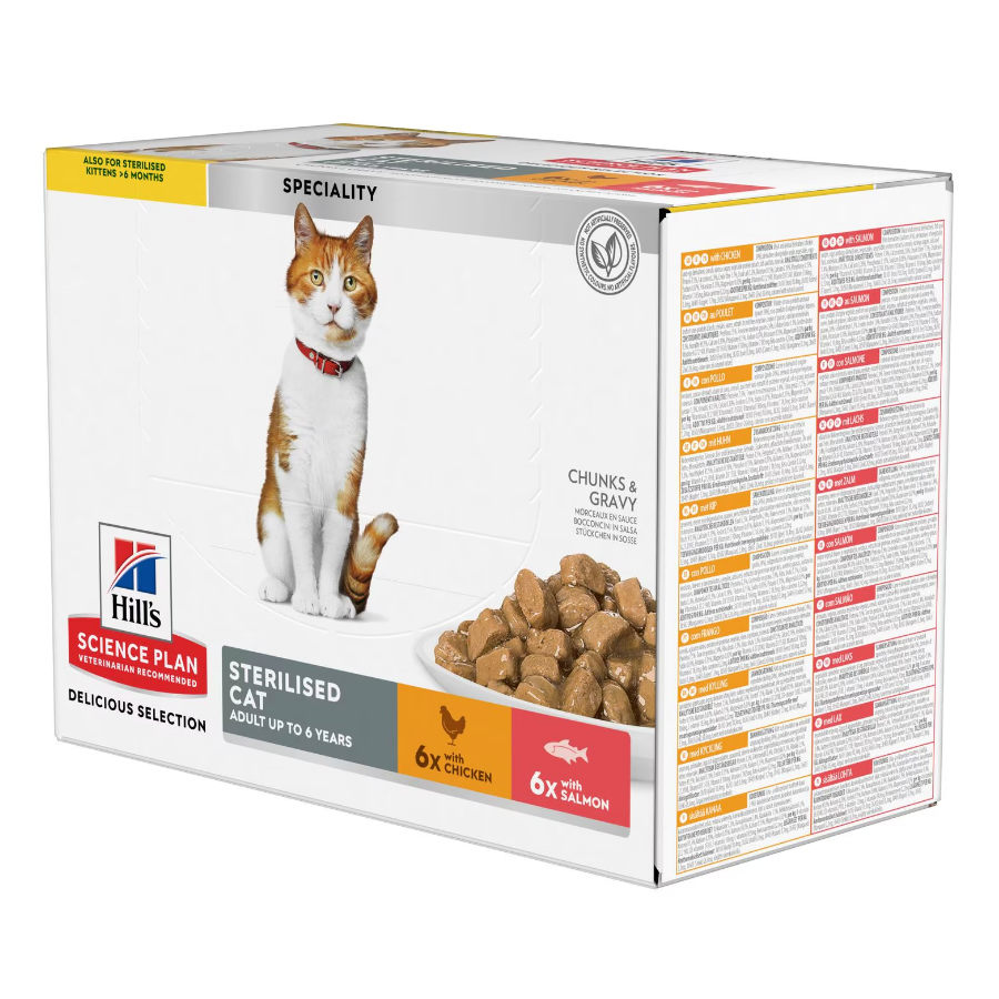 1.02 KG 12 sobres x 85 g Hill's Science Plan Esterilizado Adulto Frango e Salmão em Molho para Gatos