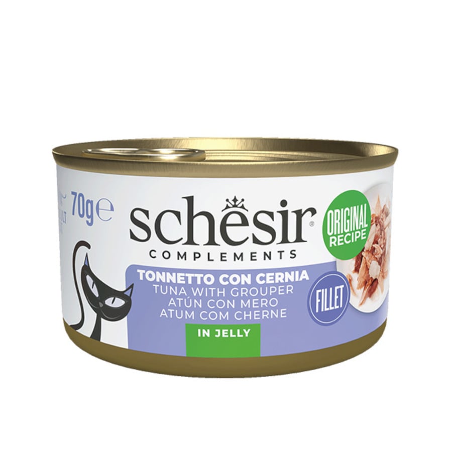 12 latas x 70 g Schesir Atum com Garoupa em Lata de Gelatina para gatos Pack Poupança!
