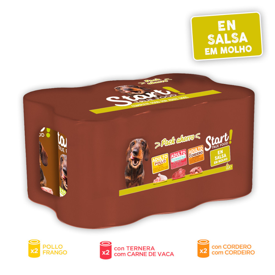 24 latas x 400 g Start! Adulto Frango, Vitela e Cordeiro em Molho lata para cães Pack Poupança!