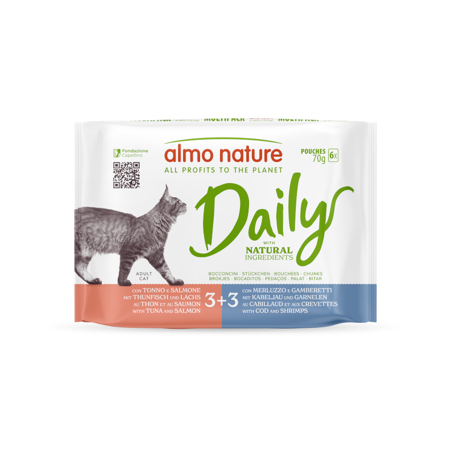 6 saquetas x 70 g  Almo Nature Daily Atum com Salmão e Bacalhau com Camarão Sachê para Gatos