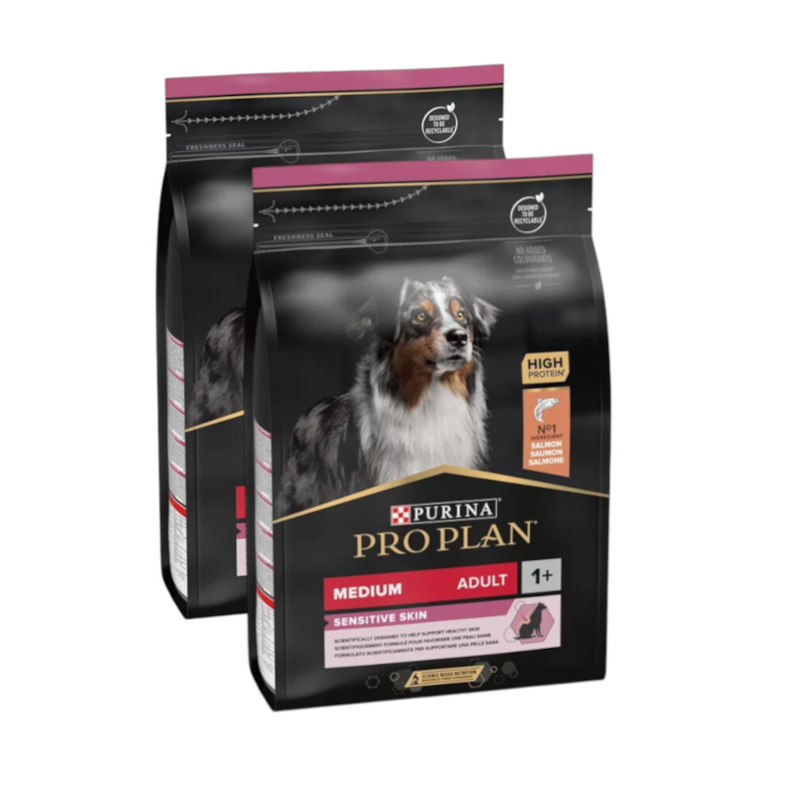 2 x 14 kg Pro Plan Adult Medium Sensitive Skin Salmão ração para cães Pack poupança!