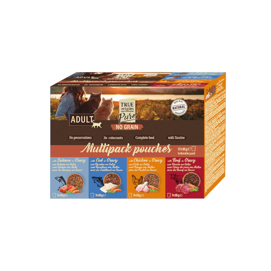 12 saquetas x 85 g True Origins Pure Comida húmida de carne e peixe em saqueta para gatos – Multipack