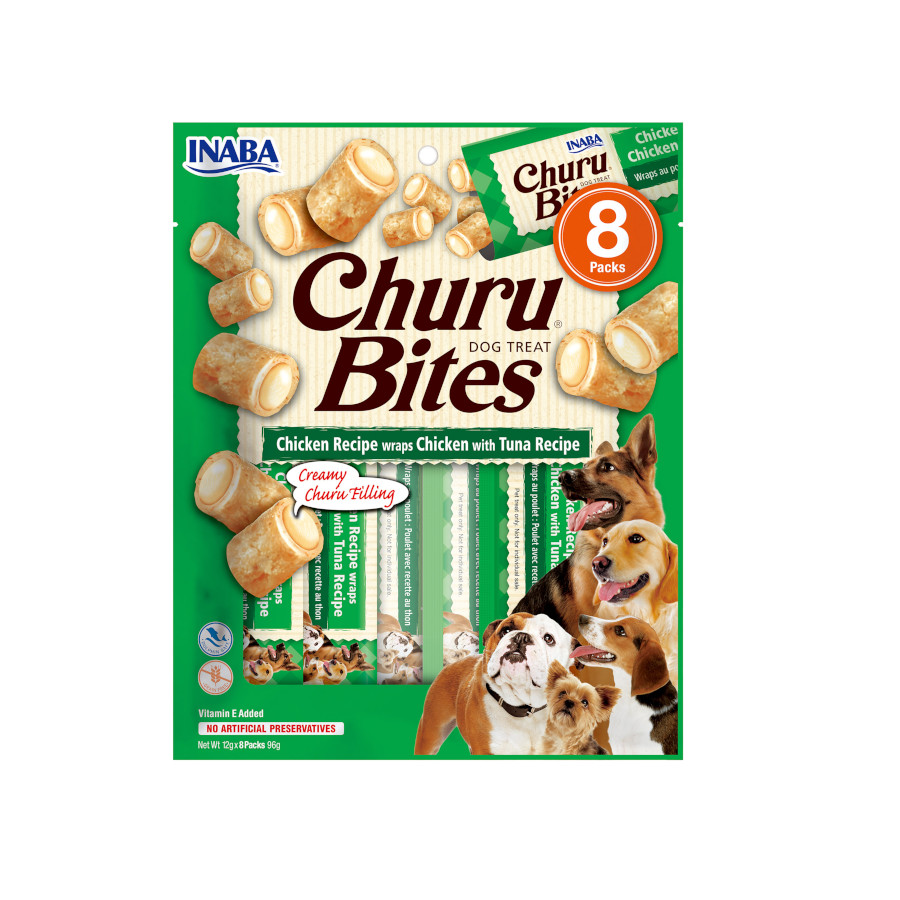 8 saquetas x 12 g Churu Snacks Bites de Frango com Atum para cães