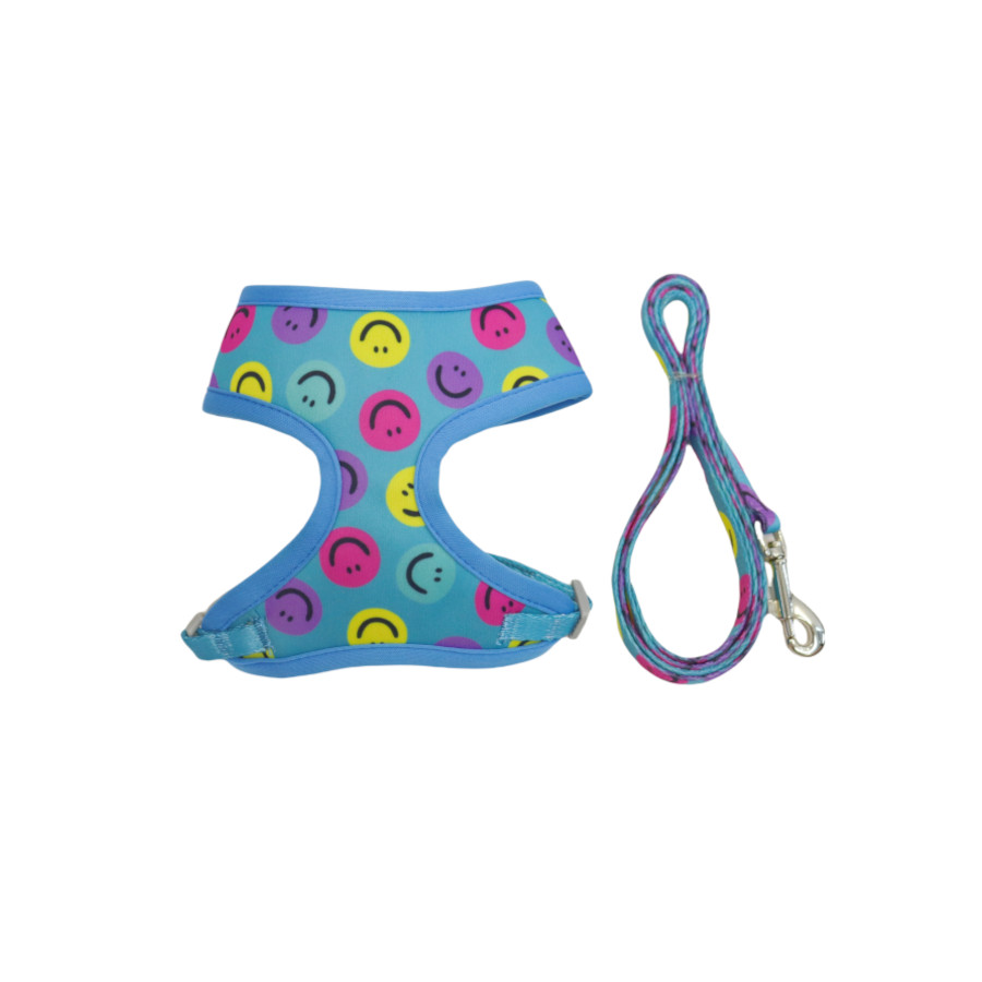 Gotoo Trela e peitoral estampado smile azul para gatos