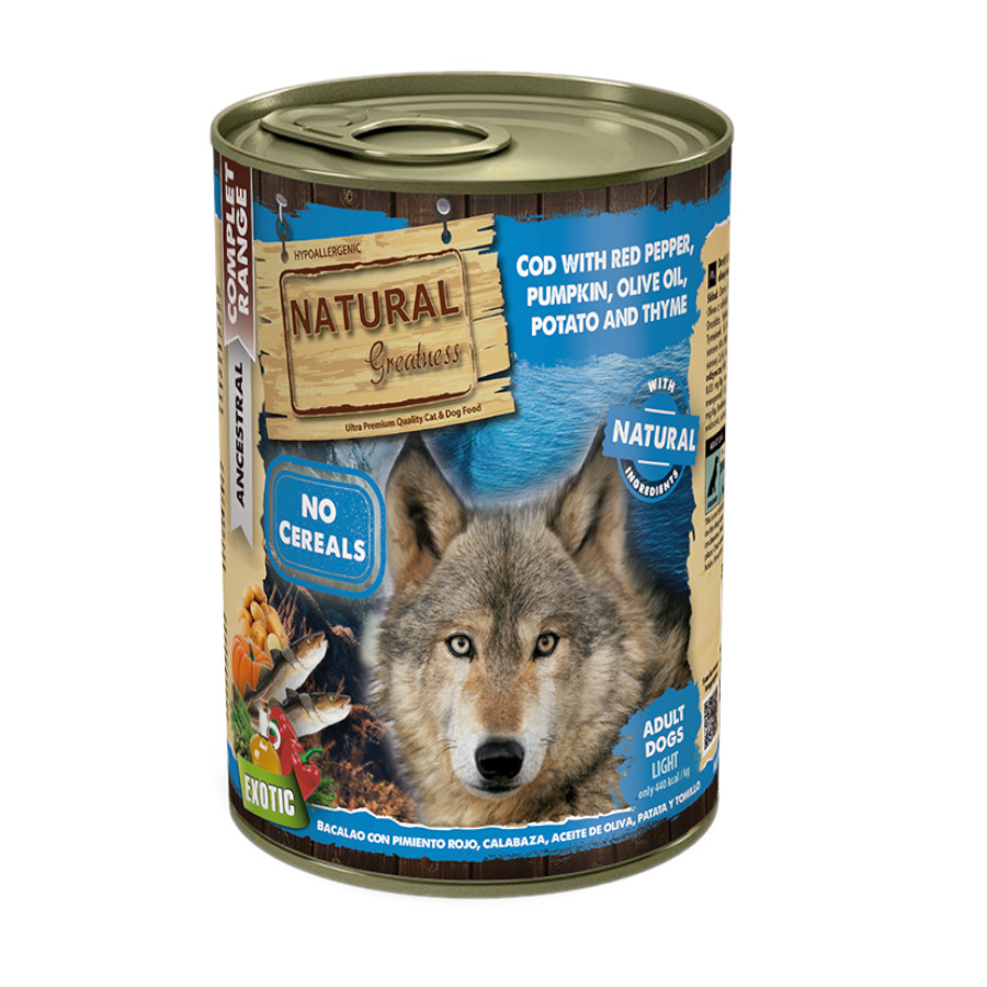 390 g Natural Greatness Complet Ancestral Bacalhau com Pimentos Vermelhos e Batatas patê em lata para cães