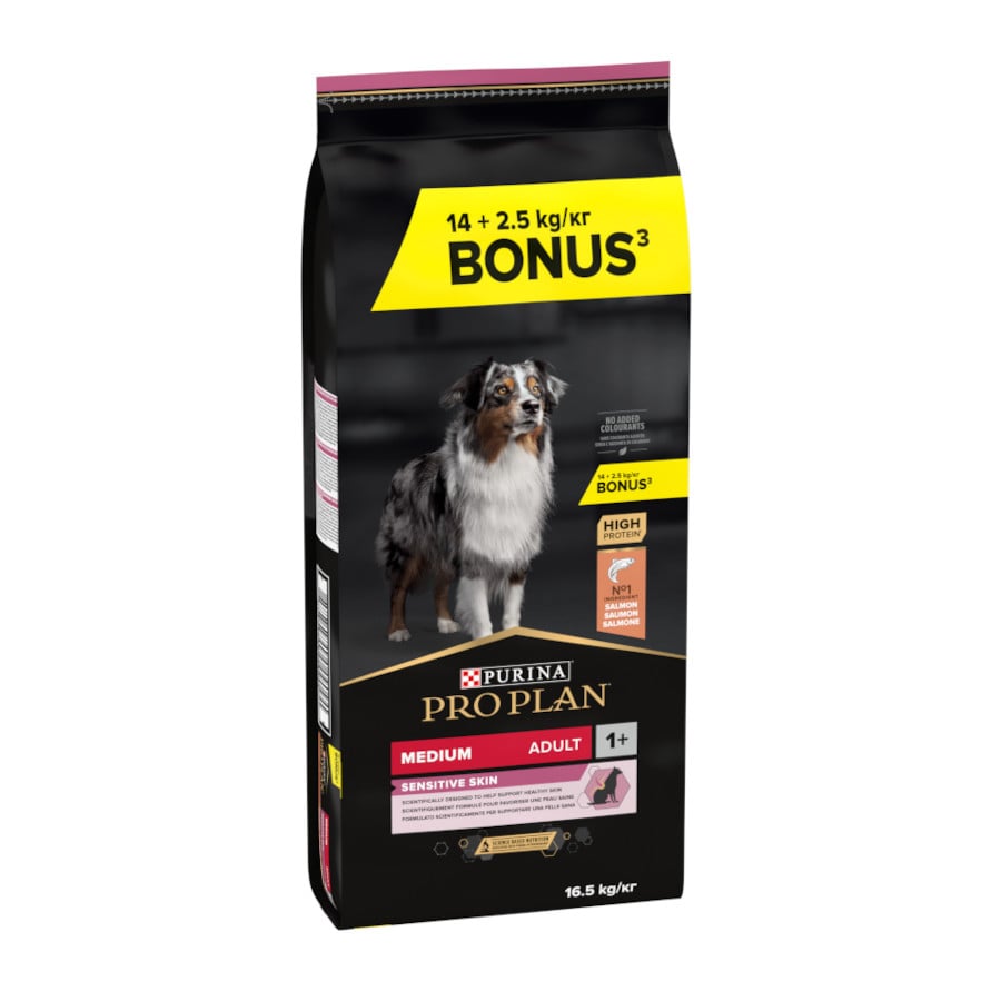 16.5 kg (14 + 2.5 kg grátis!) Pro Plan Adult Medium Sensitive Skin Salmão ração para cães