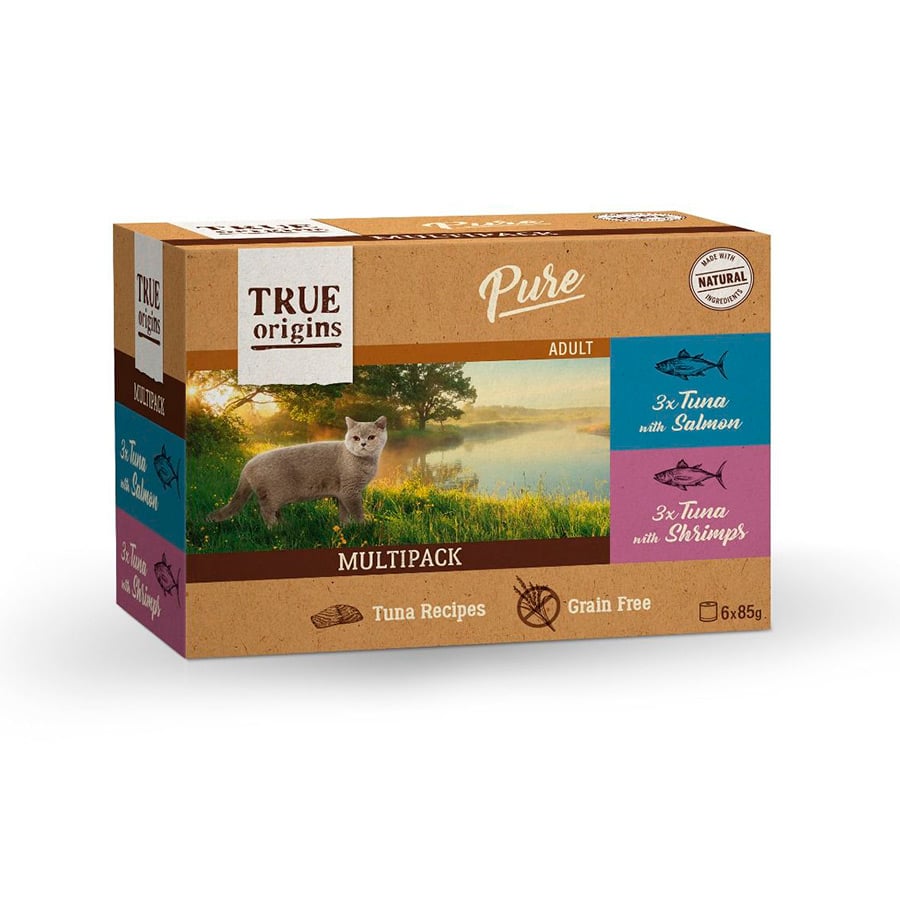 24 latas x 85 g True Origins Pure Atum com Salmão e Camarão lata em molho para gatos Pack poupança!