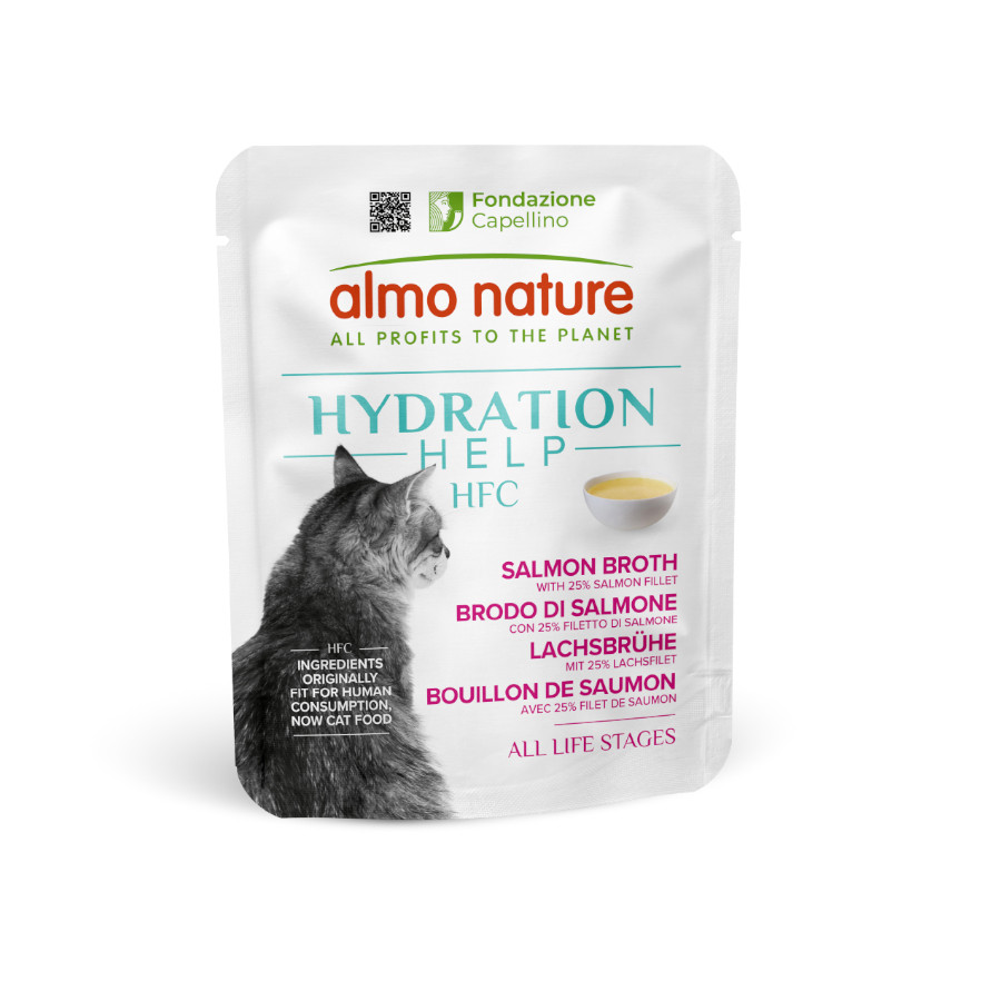 12 saquetas x 50 g Almo Nature HFC Hydration Help Sachê de caldo de salmão para gatos Pack poupança!