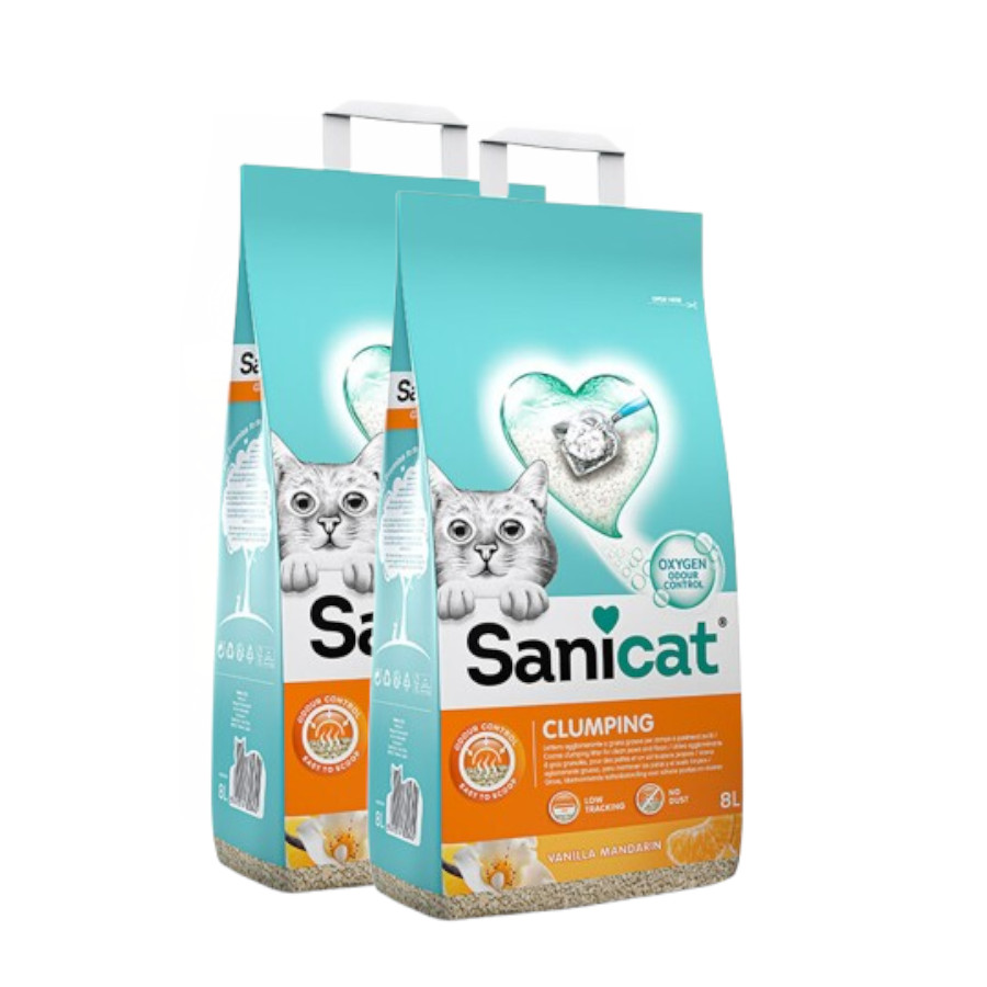 2 x 8 L Sanicat Areia Aglomerante Baunilha e Tangerina para gatos Pack poupança!