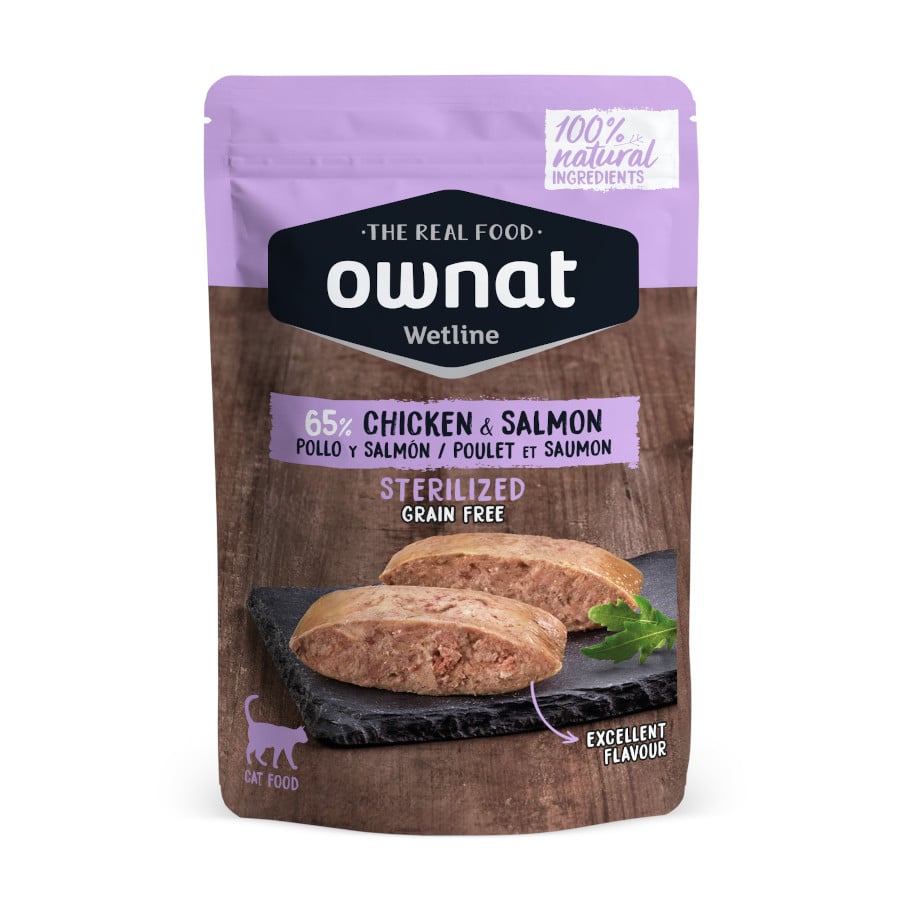 85 g Ownat Wetline Esterilizado Frango e Salmão saquetas para gatos
