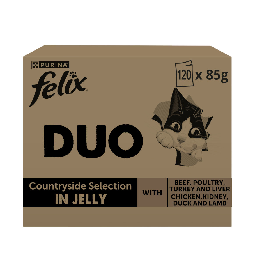 10.2 KG 120 saquetas x 85 g Felix Duo Mix Comida húmida de carne em gelatina para gatos