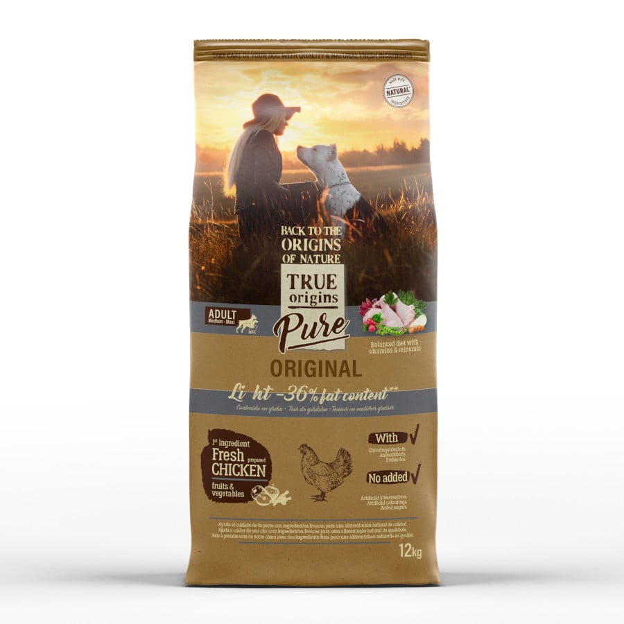 12 KG 12 kg True Origins Pure Adult Medium Maxi Light Ração para cães
