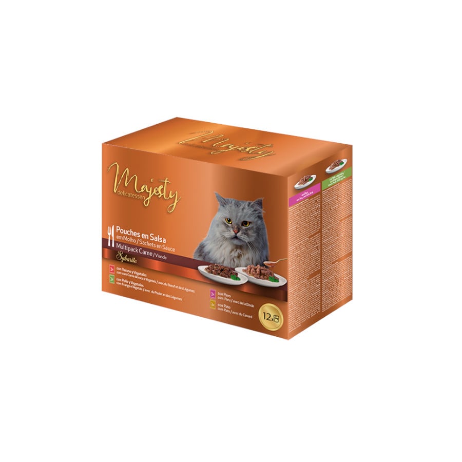 12 saquetas x 100 g Majesty Pouches Multipack Comida húmida de carne em saquetas para gatos