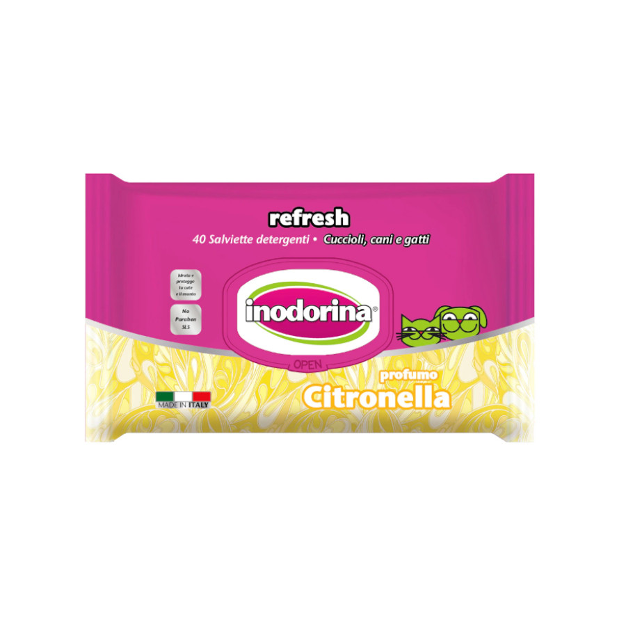 Inodorina Refresh Citronella Toalhetes húmidos para cães e gatos
