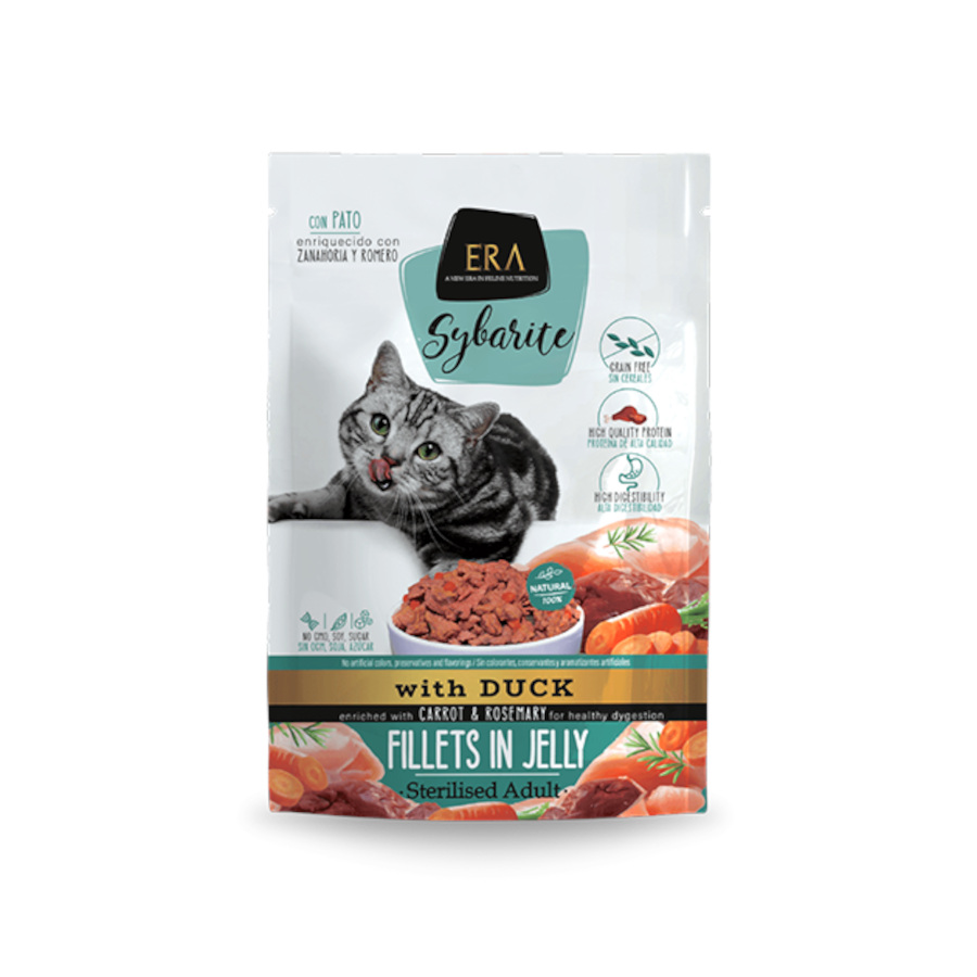 0.085 KG 85 g Era Sybarite Sterilised Adult Pato Filetes en Gelatina Sobre para gatos