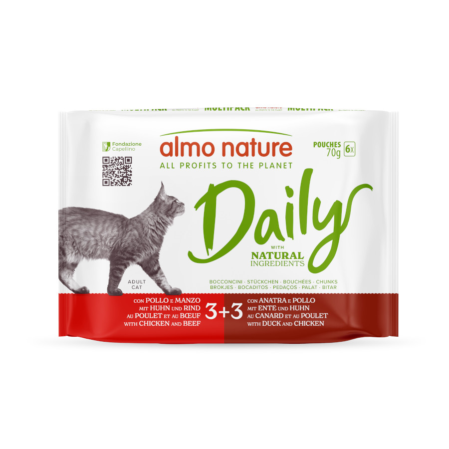 0.42 KG 6 saquetas x 70 g  Almo Nature Daily Frango com Carne e Frango com Pato sachê para gatos