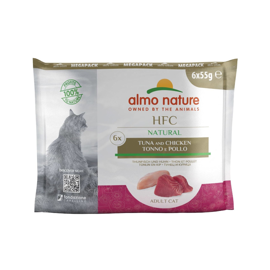 0.33 KG 6 saquetas x 55 g Almo Nature HFC Natural Variado Receitas de Atum e Frango em sachê para gatos