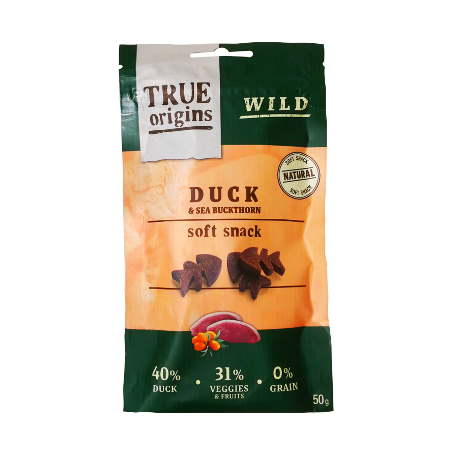 4 pacotes x 50 g True Origins Wild Biscoitos Pato e Espinheiro para gatos Pack poupança!