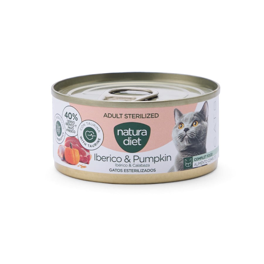 0.085 KG 85 g Natura Diet Adult Sterilized Comida Húmida de Porco Ibérico e Abóbora em Lata para gatos
